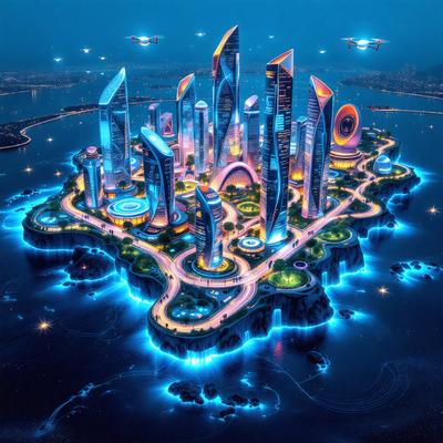 The primary subject of the image is a futuristic cityscape, featuring a large island with a city on top of it. The city is surrounded by water, and there are several buildings, including skyscrapers, that are lit up with blue lights. The setting is a futuristic city, and the visual style is digital art. The colors and mood of the image are predominantly blue, creating a sense of calmness and sophistication.